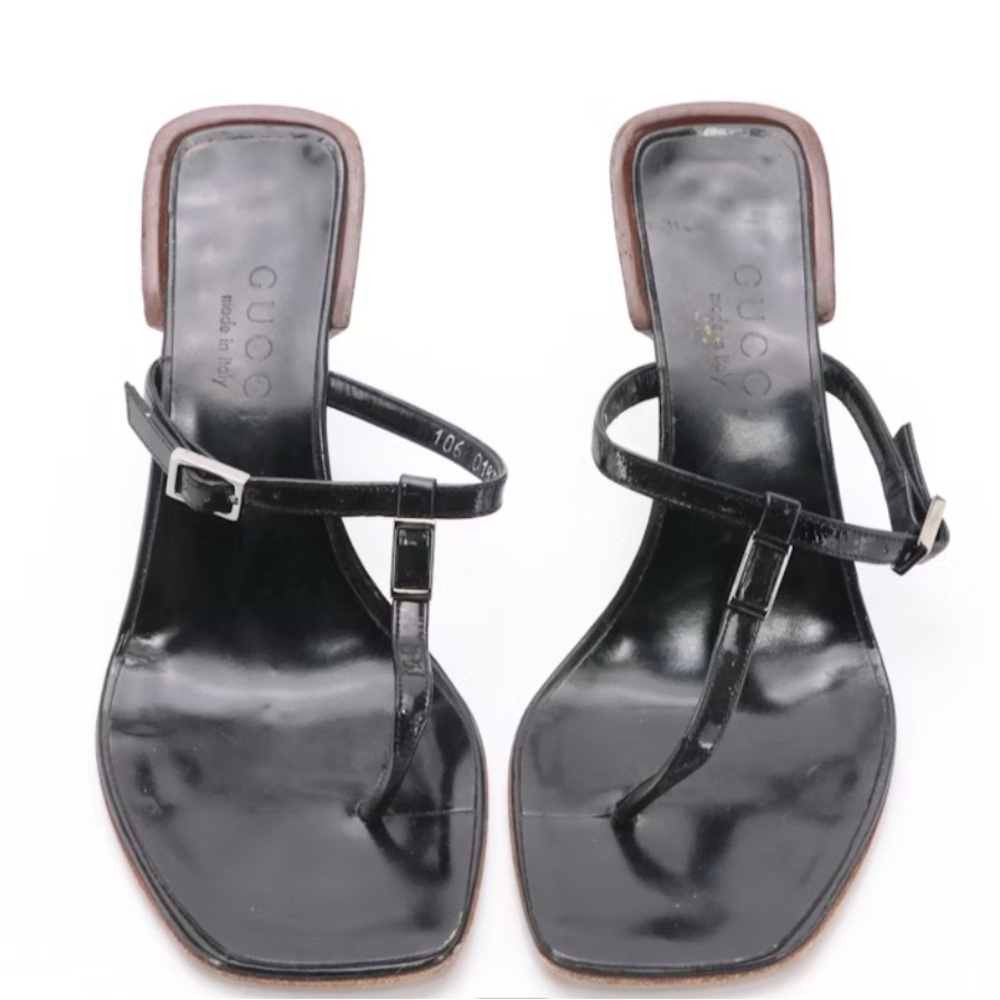 AUTHENTIC GUCCI Black•Leather•SquareToe•Sandal•SIZE 5B  Good Condition - Picture 2 of 6